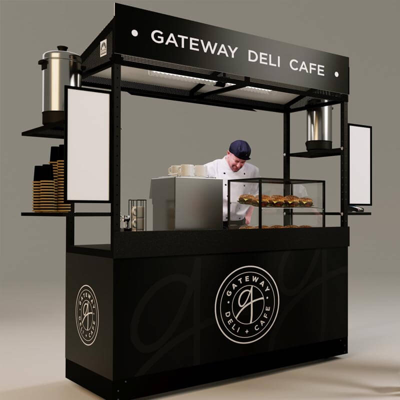 A single module concession stand shown with display shelving and cases in a dark vinyl wrap