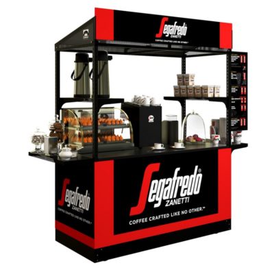 A modular specialty coffee cart in a bold black and red graphics wrap, manufactured by Cart-King