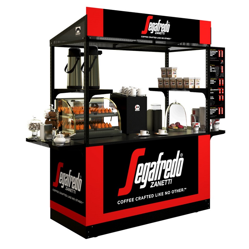 A modular specialty coffee cart in a bold black and red graphics wrap, manufactured by Cart-King