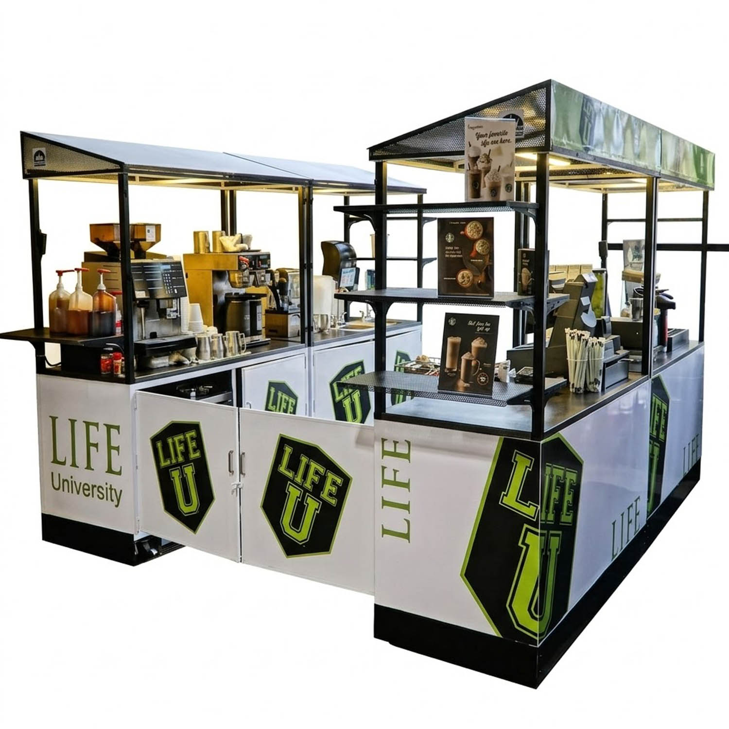 The King Cart 4K food kiosk with green and white Life University branding, menus, point of sale, and espresso machines.