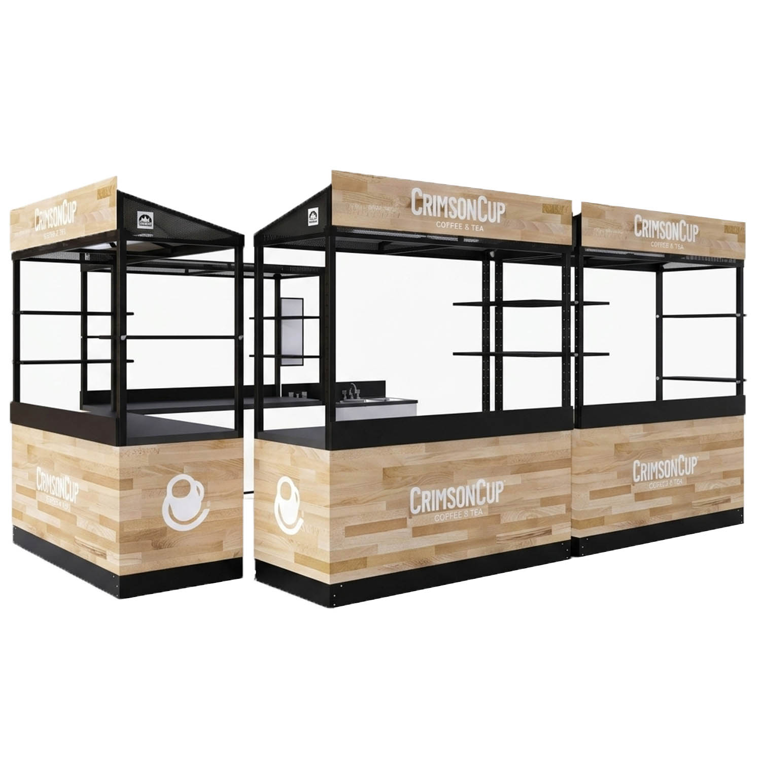 A triple espresso package with a portable sink and espresso upgrade kit. Demonstrated here with a light, wood panel-style custom graphic wrap, display shelving and menu boards.