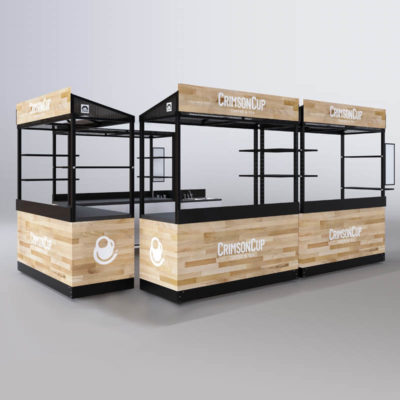 A triple espresso package with a portable sink and espresso upgrade kit. Demonstrated here with a light, wood panel-style custom graphic wrap, display shelving and menu boards.