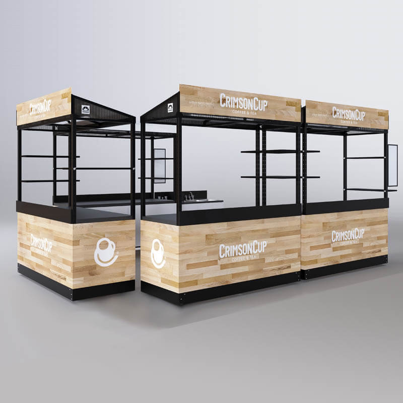 A triple espresso package with a portable sink and espresso upgrade kit. Demonstrated here with a light, wood panel-style custom graphic wrap, display shelving and menu boards.