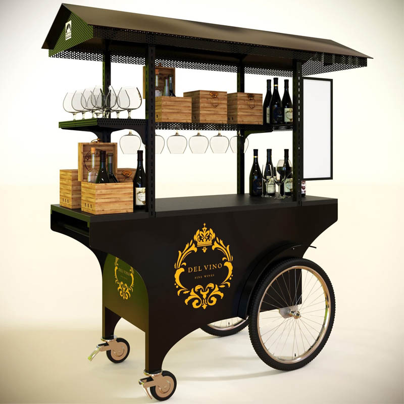 A classy, dark-colored push cart customized for wine promotions.