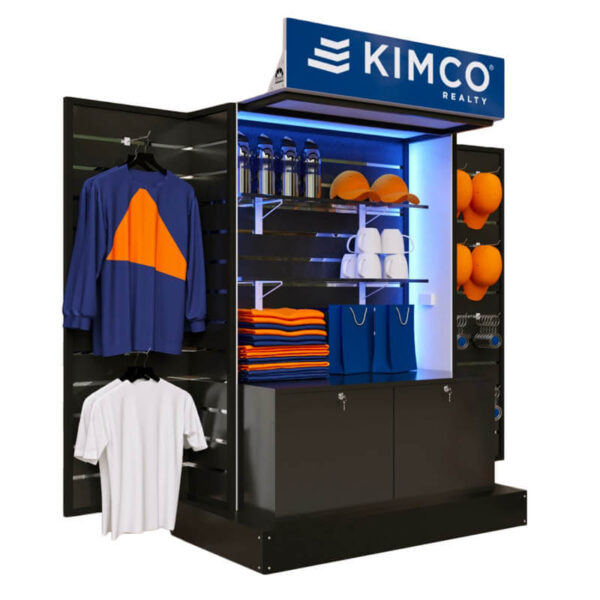 Portable retail display (RMU) kiosk with lockable cabinets, apparel hanging racks, and backlit shelves.