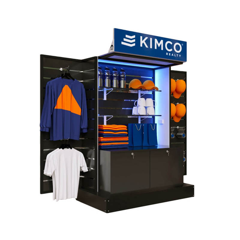Portable retail display (RMU) kiosk with lockable cabinets, apparel hanging racks, and backlit shelves.