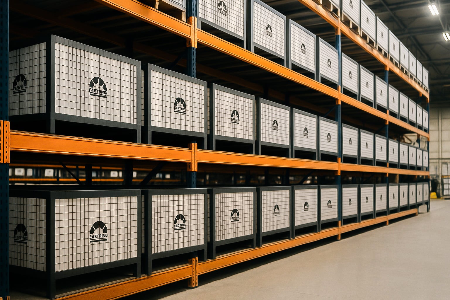 A warehouse with shipping crates full of carts and kiosks