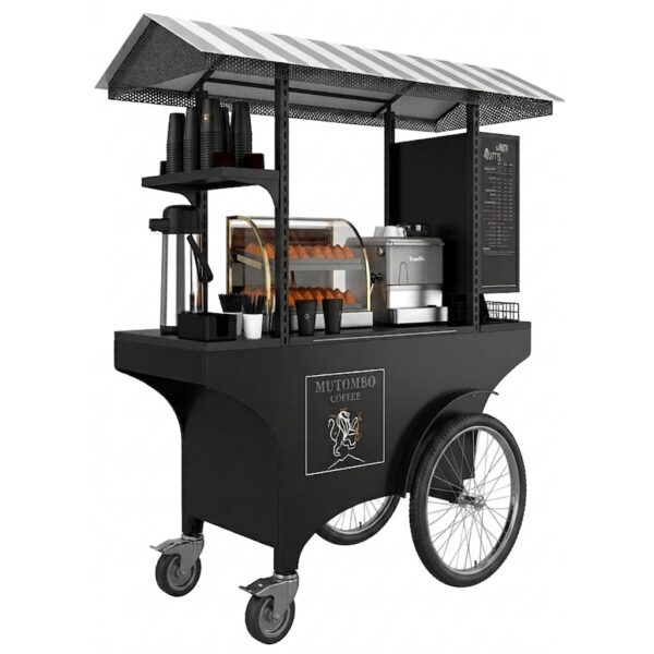 Black mobile coffee push cart with large bicycle-style wheels, a flat countertop, and a metal display grid for merchandise.