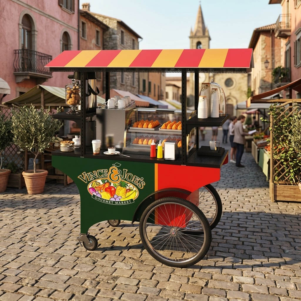Vince & Joe's gourmet market food push cart parked on a cobblestone street in a European village piazza.