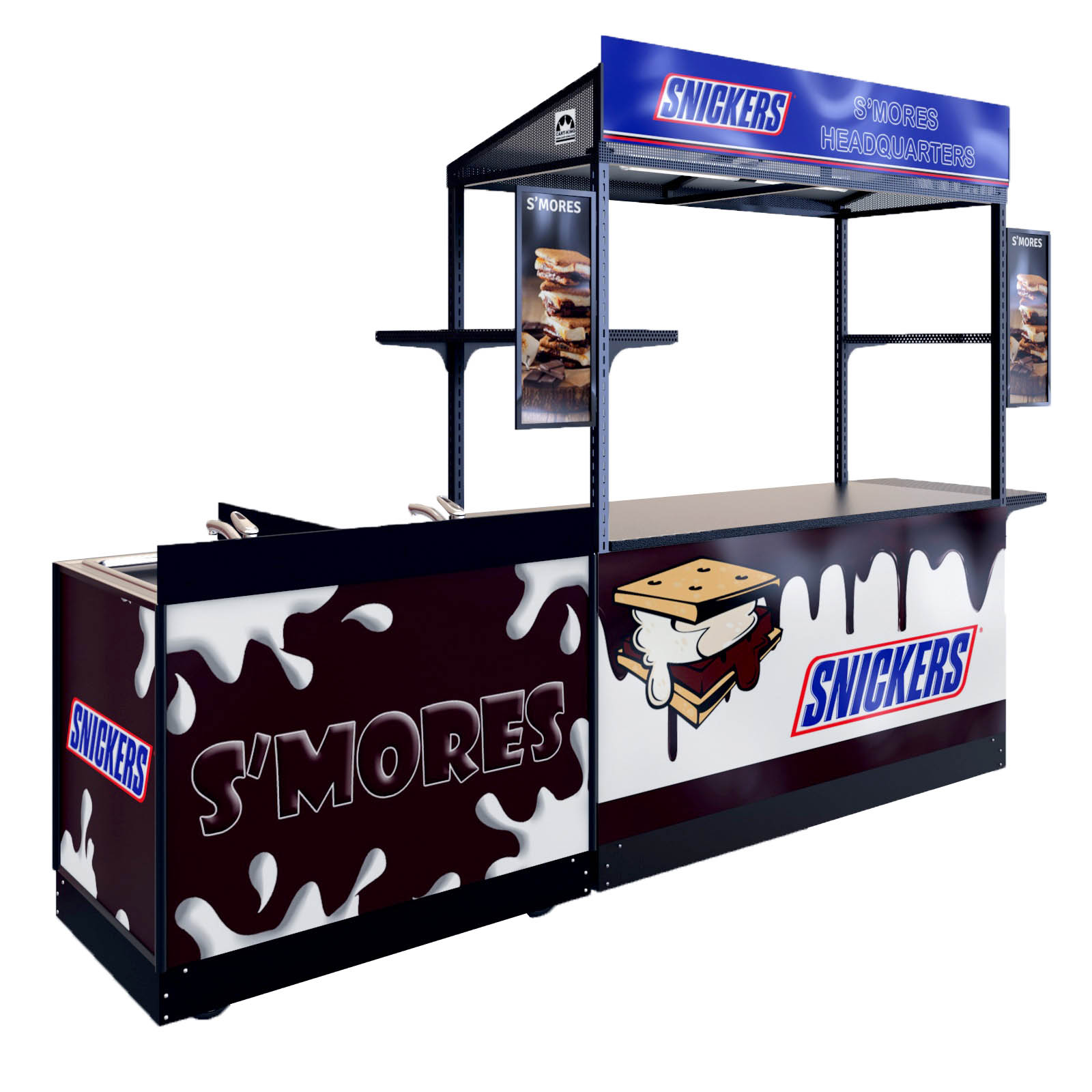 Professional Food and Beverage Bar with Snickers S'mores branding, featuring integrated commercial sink system