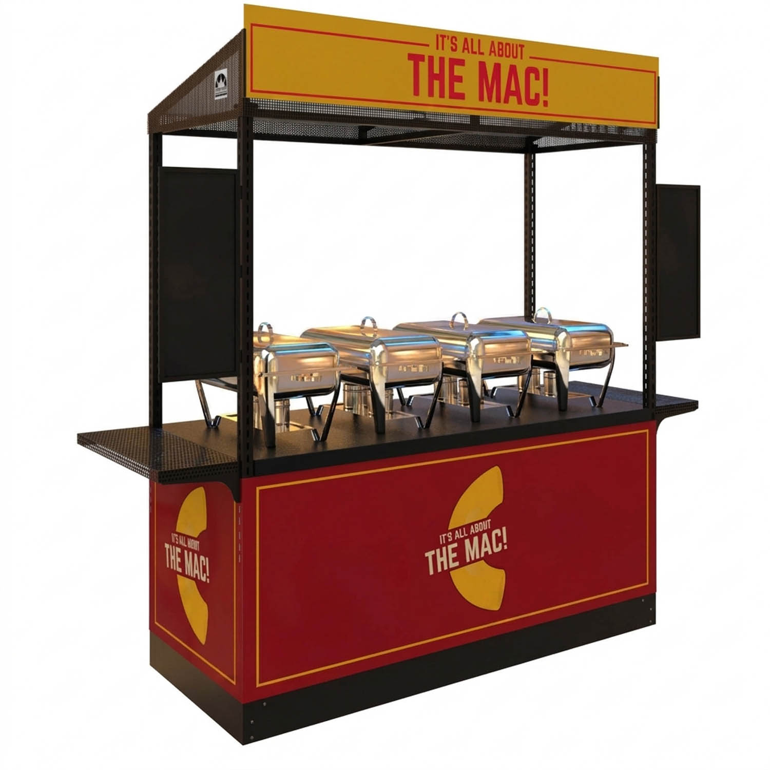 Red and yellow food cart with 'The Mac!' branding, four silver food warmers and canopy