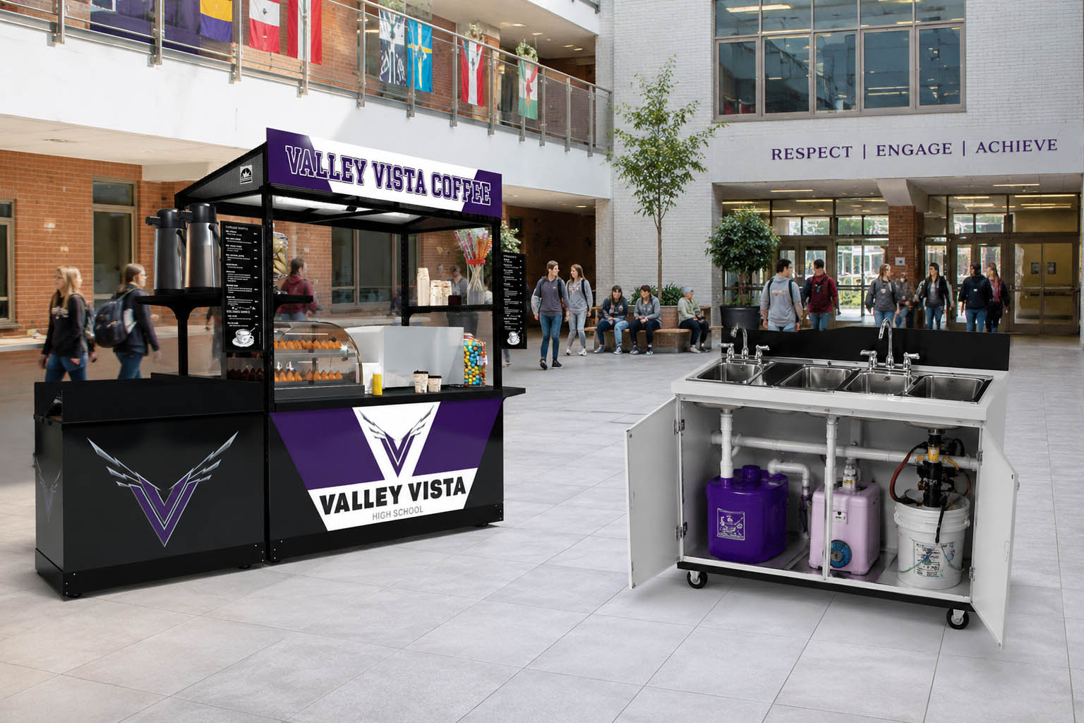 Valley Vista Coffee kiosk with menu, snacks, and a portable sink cart featuring its internal plumbing and pumps.