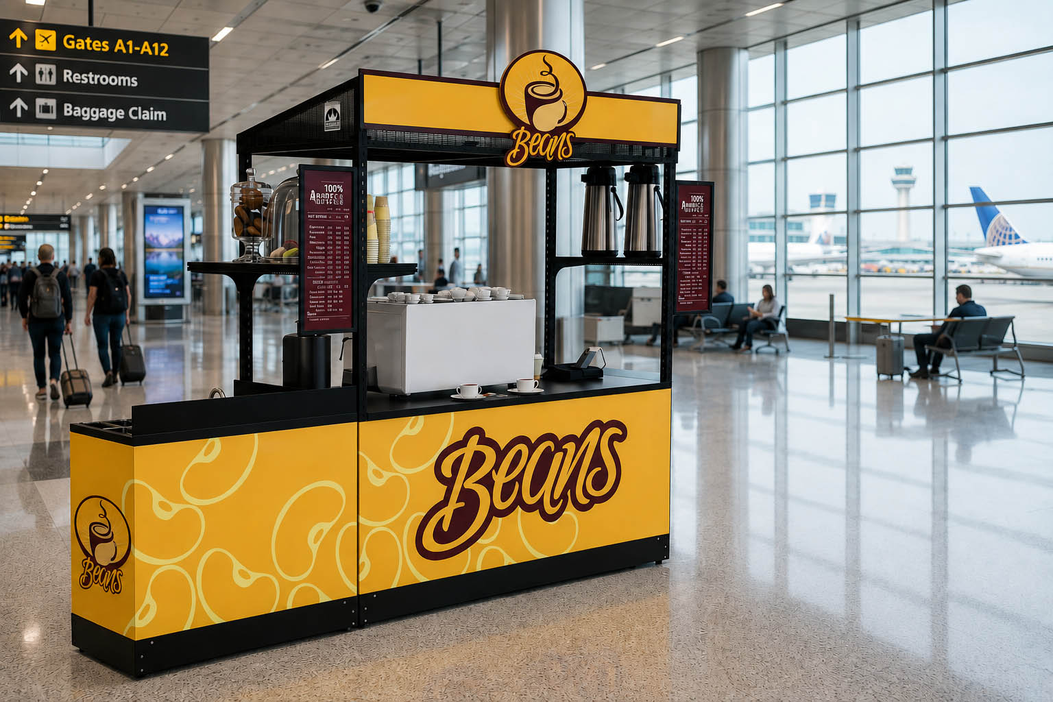 Beans mobile coffee kiosk and matching self-contained portable sink unit setup inside a busy airport terminal.