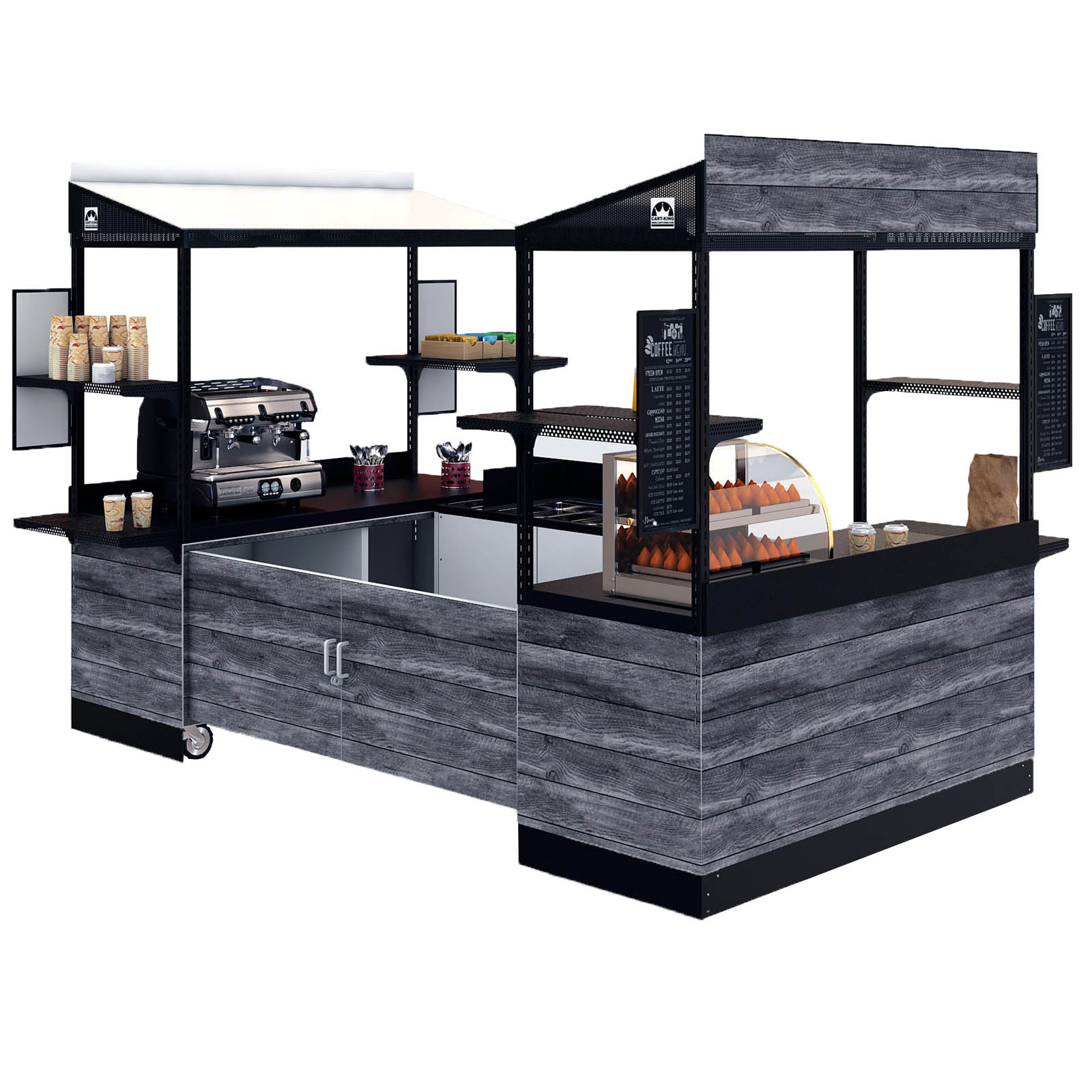 A mobile cart configuration demonstrating a kiosk-style usage, customized with modern woodgrain graphics