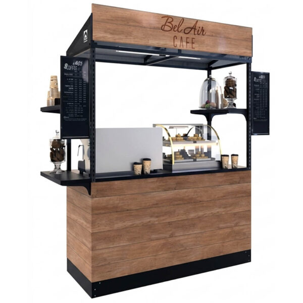 Mobile espresso and pastry cart with light wood paneling, menu boards, and a glass display case.