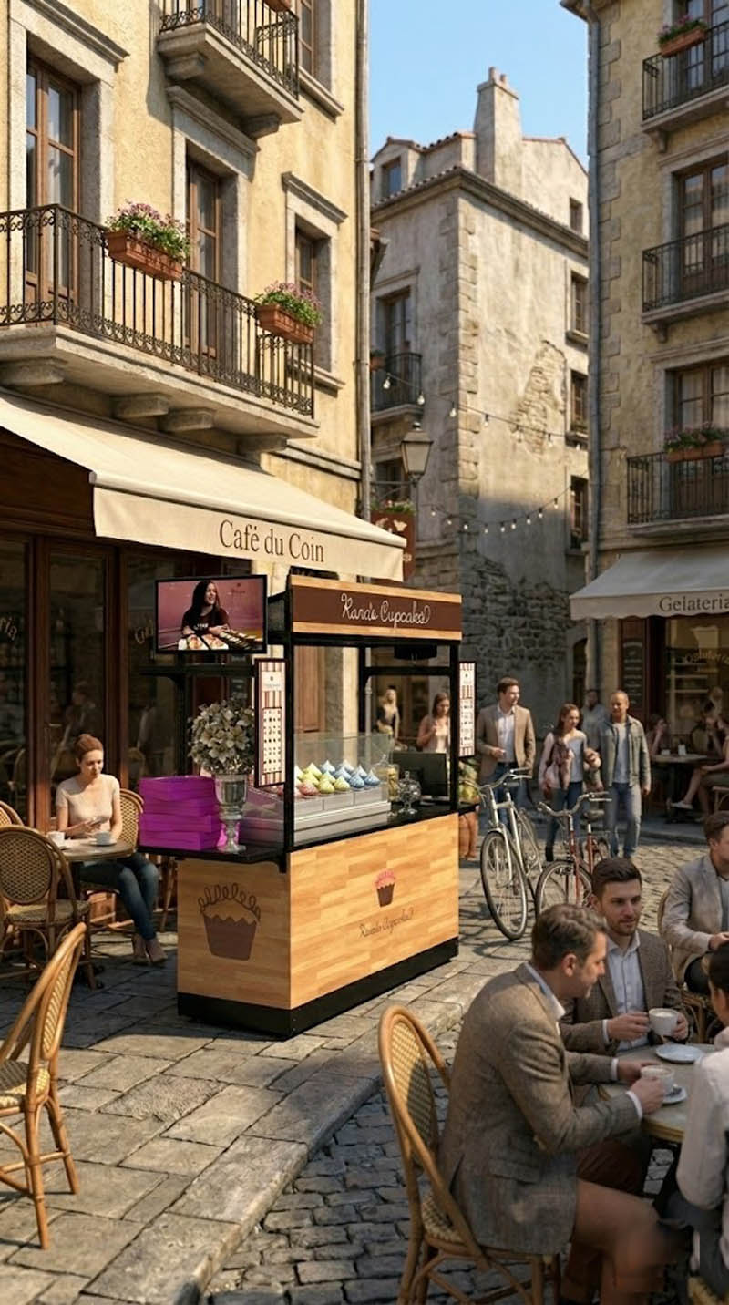 Modular food cart kiosk with wood finish and display screen on a European street plaza.