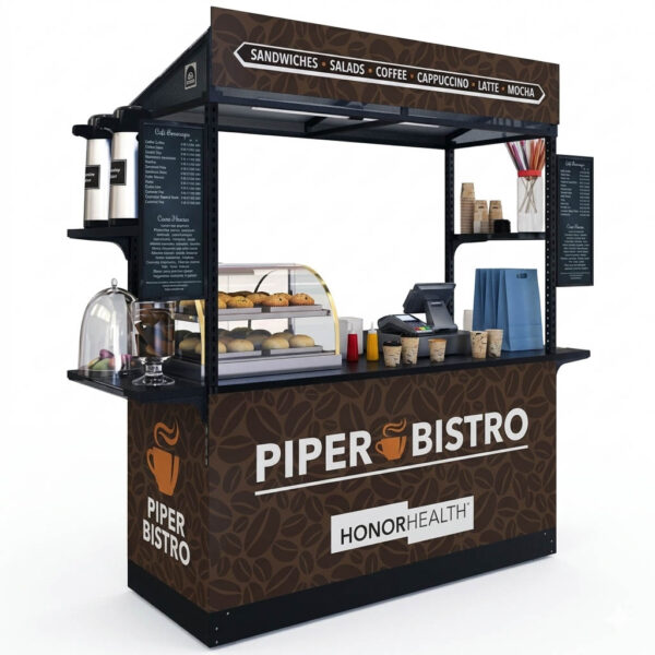 Modular food kiosk with wood-grain coffee branding, espresso machine, and overhead menu boards