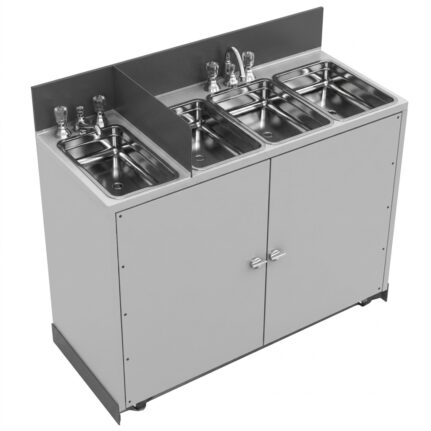 Portable stainless steel multi-basin commercial food cart sink system with lockable under-cabinet storage