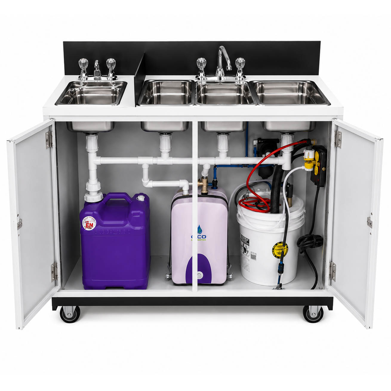Interior plumbing, water heater, and fresh water tanks inside an open 4-basin self-contained portable sink.
