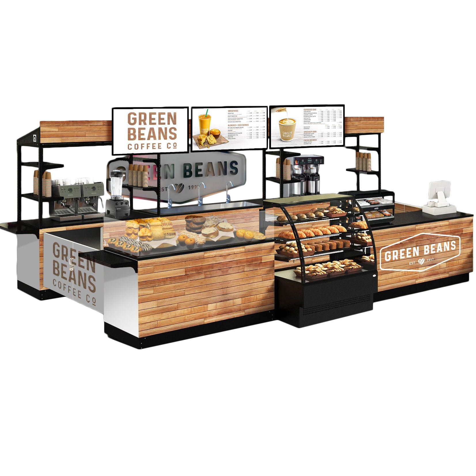 Large double-sided commercial espresso bar station featuring wood paneling, bakery display case, and product shelving.
