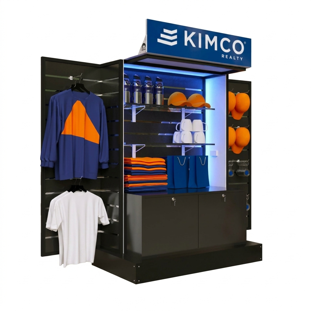 Portable retail display (RMU) kiosk with lockable cabinets, apparel hanging racks, and backlit shelves.