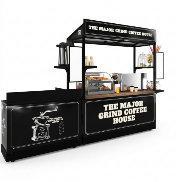 A dark, modern espresso kiosk package with a commercial sink, espresso machine and pastry displays