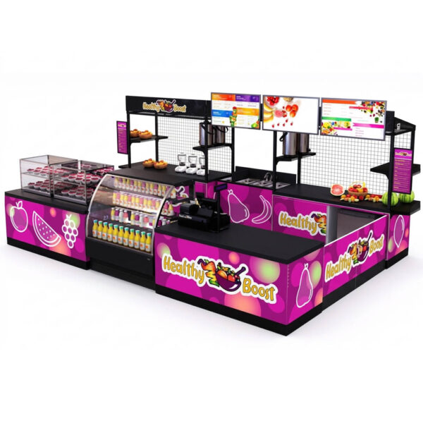 Large-scale juice and smoothie bar kiosk with pink fruit branding, digital menu screens, and multiple prep stations