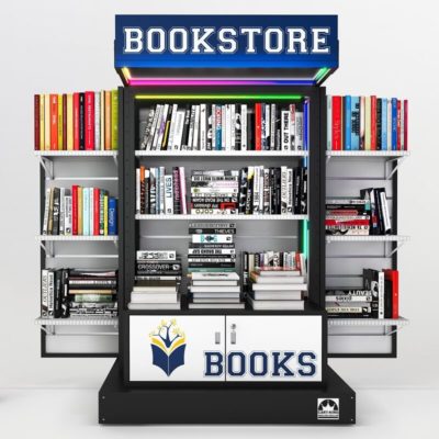 An open bookstore retail display unit showcasing it's various display capabilities.