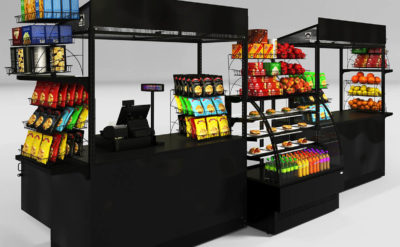 Cart being used as a concessions stand with a glass display counter