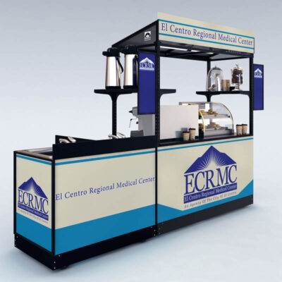 A food and beverage bar with custom branding used by a hospital to sell hot and cold beverages and snacks