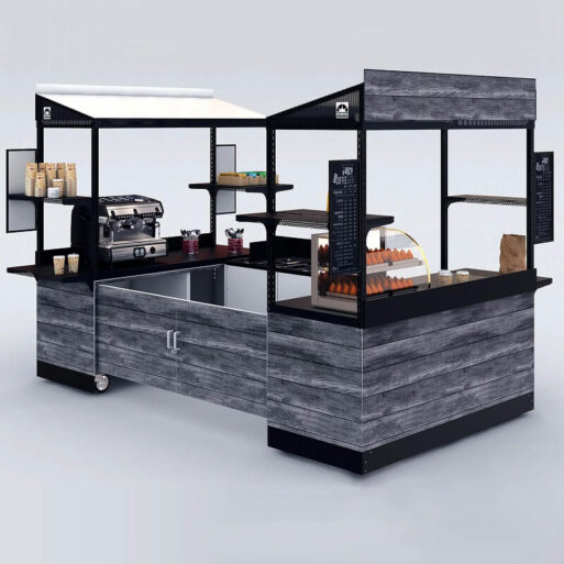 A mobile cart configuration demonstrating a kiosk-style usage, customized with modern woodgrain graphics