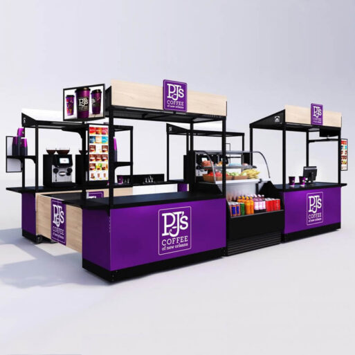 A quad food cart set in bright purple custom branding, shown with an optional sink and display fridge.