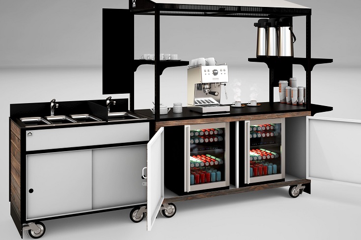 An espresso kiosk made with quality and attention to detail. Food safe surfaces, powder-coated aluminum and menu boards, with optional NSF portable sink