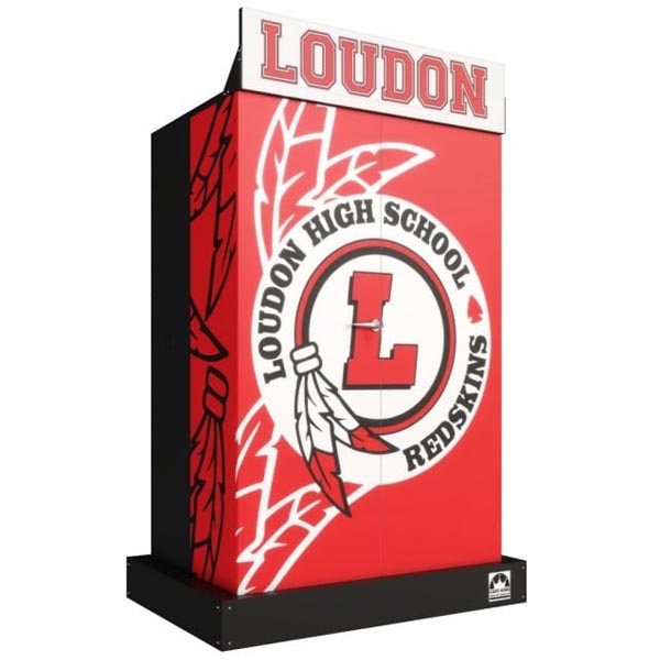 A locked retail display unit wrapped in red and white vinyl graphics for a high school