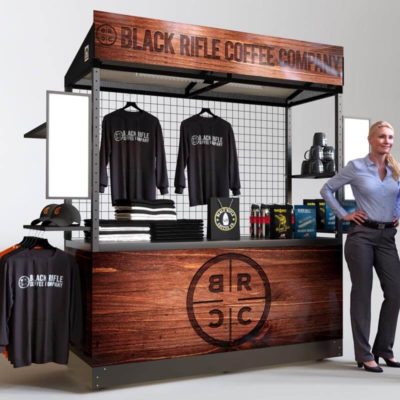 A retail display for a premium coffee shop selling apparel