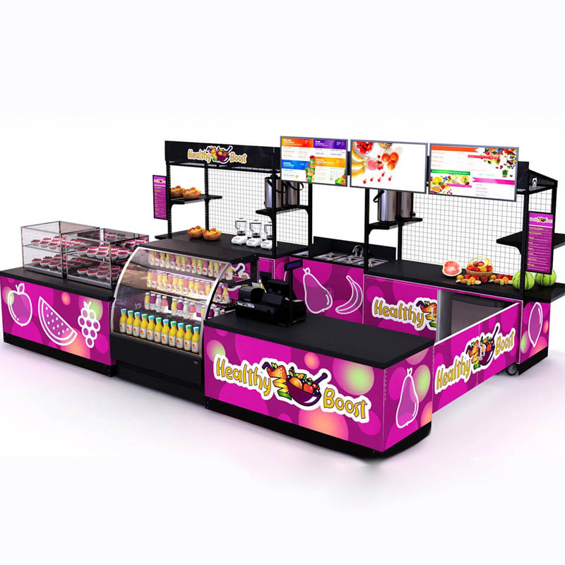 Cart-King's premium food cart, shown with vibrant purple graphics, LED display signs and appliances to illustrate the vendor's usage in selling healthy foods.