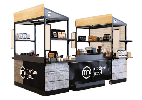 A mobile dual coffee kiosk for sale with a modern wood panel styling