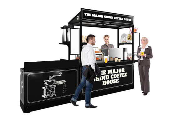 A single espresso kiosk package with self-contained sink