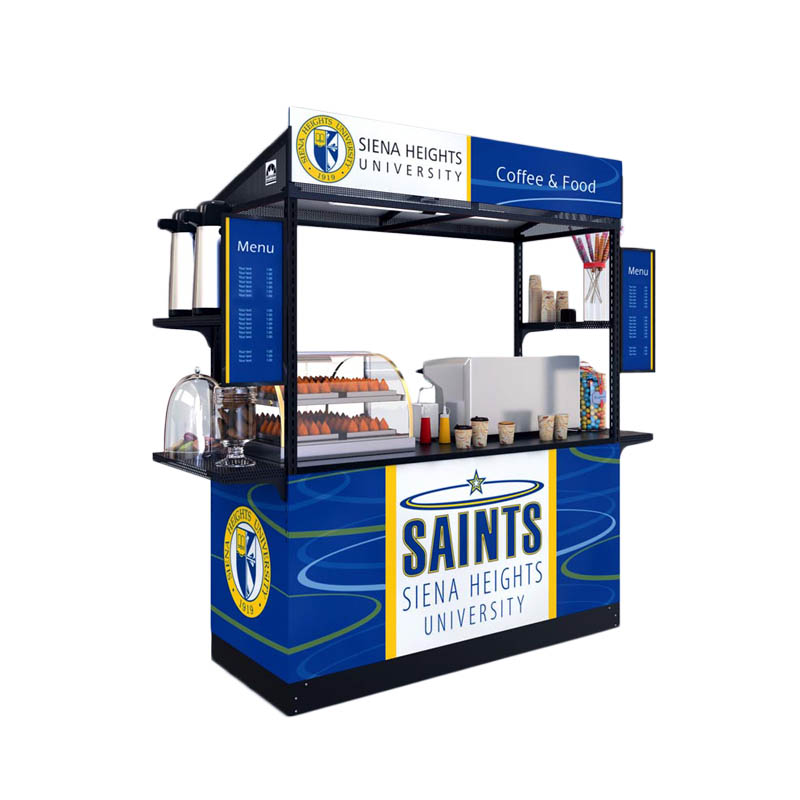 A mobile coffee kiosk in blue and white