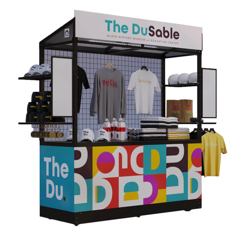 A portable retail merchandising unit with removable grid-wall, pricing boards and canopy