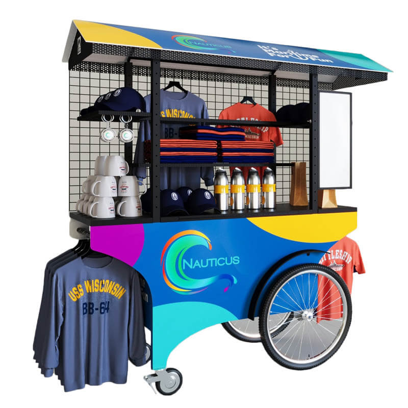 A mobile retail vendor with a brightly colored motif, grid-wall and pricing board