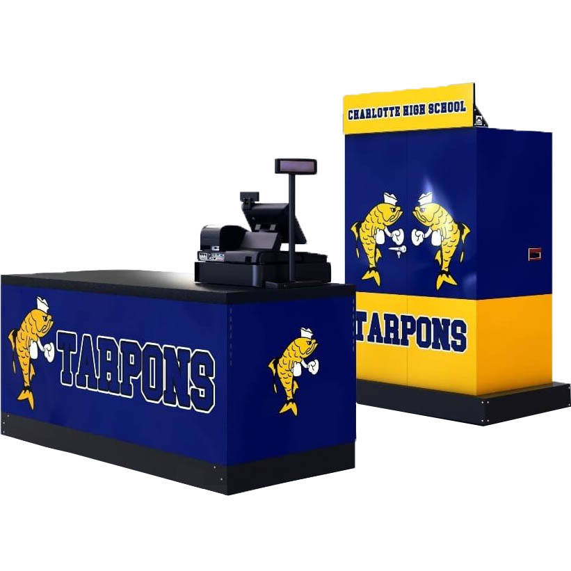 A striking blue and yellow retail point of sale kiosk kit for a school