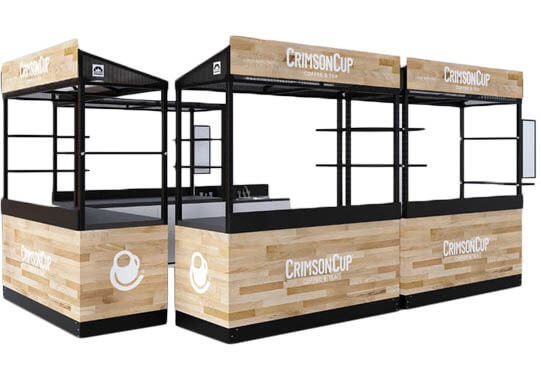 A triple espresso kiosk package with self-contained sink in a light wood panel finish