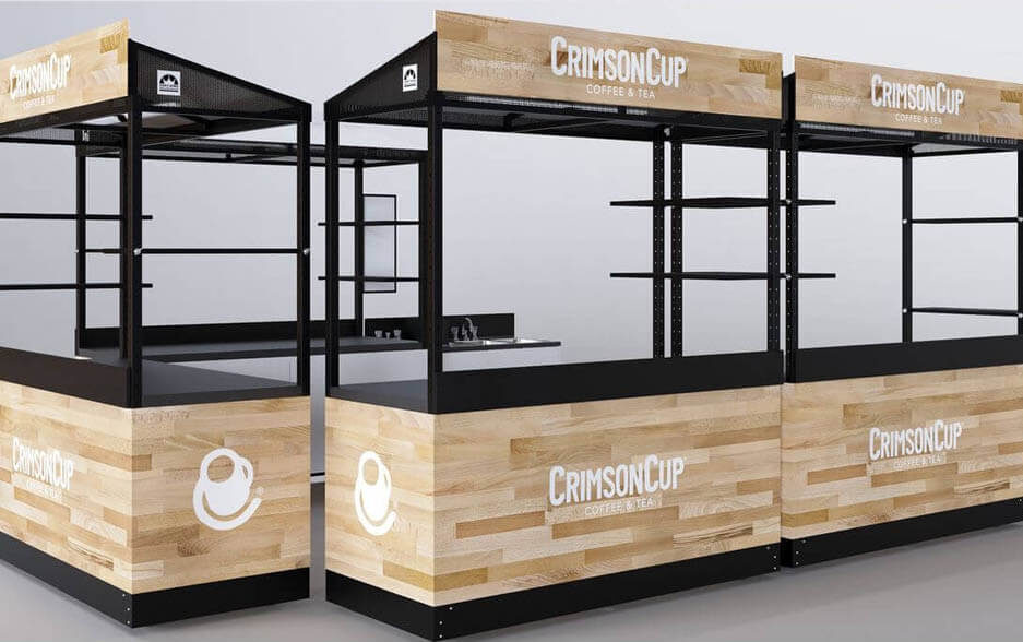 A triple kiosk configuration shown with an optional portable, self-contained sink in a light wood grain. Designed for food vending.