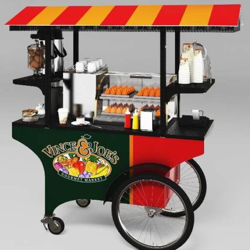 A mobile street food pushcart customized with striking red, black and yellow branding